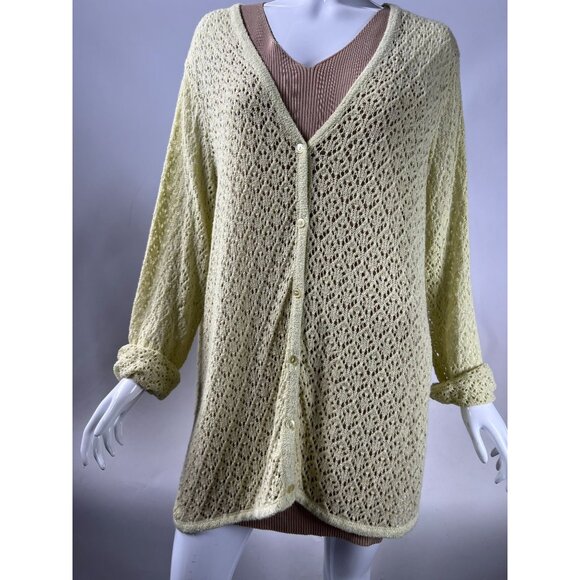 Sag Harbor Womens 2X Vintage Yellow Open Knit Cardigan Sweater Button Front - Picture 13 of 16